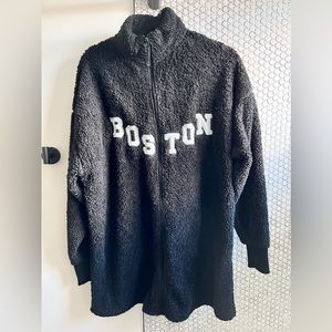 Oversized zip up fleece with Boston across chest. Warm and cozy!